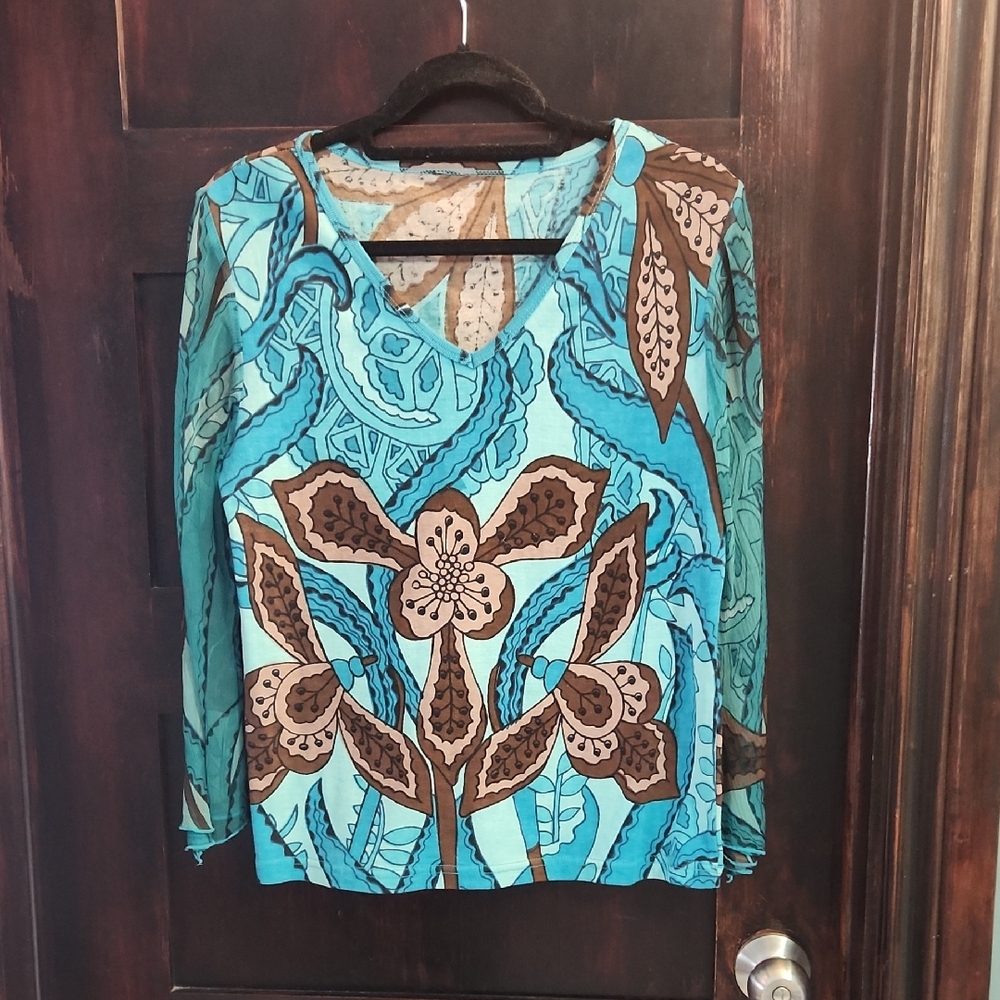 Floral Patterned Blue and Brown Women's Top with Sheer Sleeves